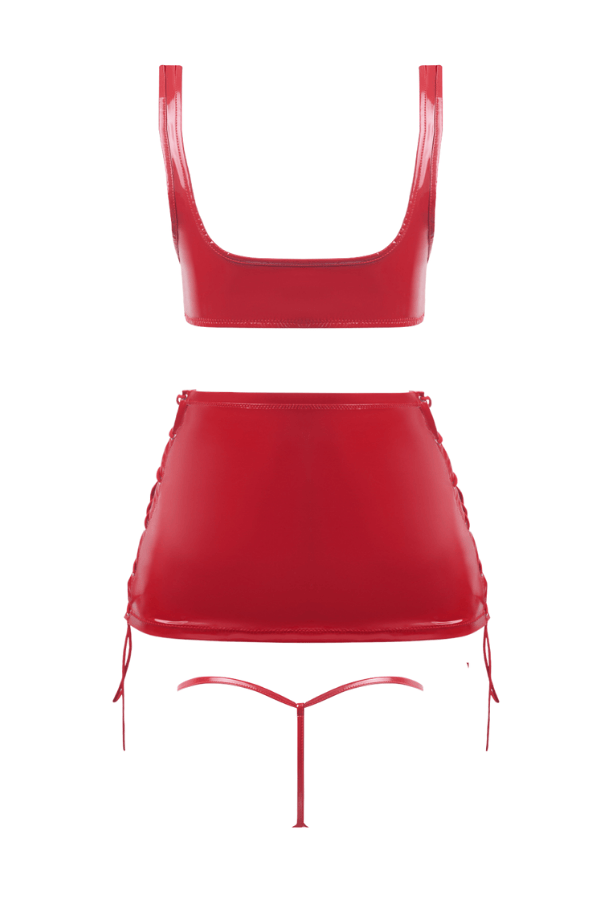 House of Desire Lingerie Set Trinity Patent Lace Up Bralette, Skirt & G-String Set - Red