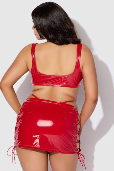 House of Desire Lingerie Set Trinity Patent Lace Up Bralette, Skirt & G-String Set_Redd