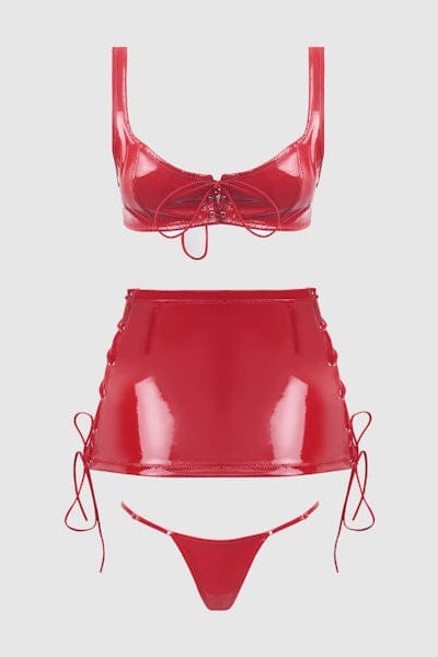 House of Desire Lingerie Set Trinity Patent Lace Up Bralette, Skirt & G-String Set_Redd