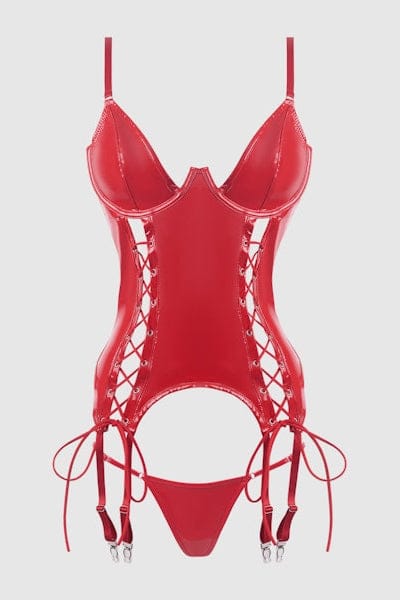 House of Desire Lingerie Set Trinity Patent Lace Up Bustier & G-String Set-Redd