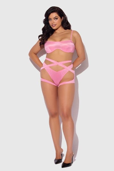 Zoe Oil Slick Bandeau Bra, Wrap Garter & Tanga Set Pink