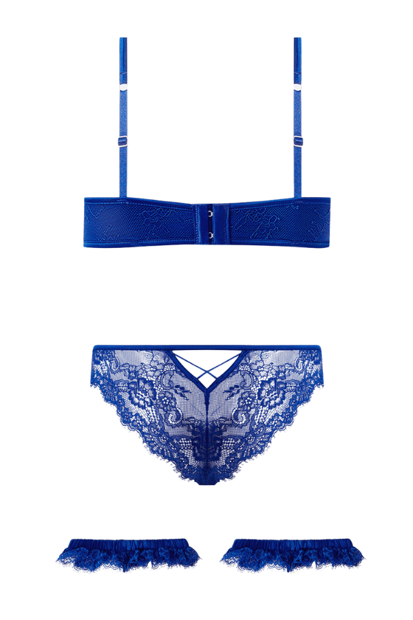 House of Desire Madeline Satin & Lace Push Up Bra, Bikini & Thigh Garters Set  - Cobalt Blue
