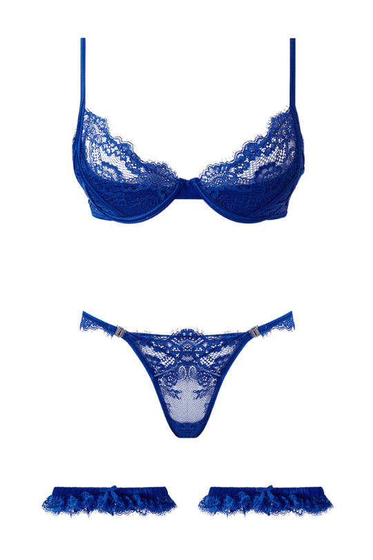 Madeline Satin & Lace Push Up Bra, Bikini & Thigh Garters Set  - Cobalt Blue