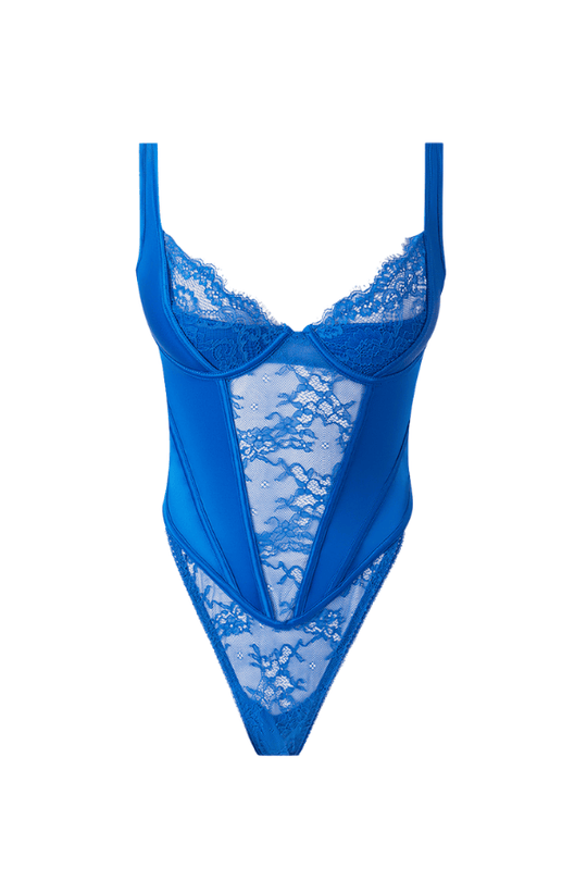 Madeline Satin & Lace Push Up Teddy - Cobalt Blue