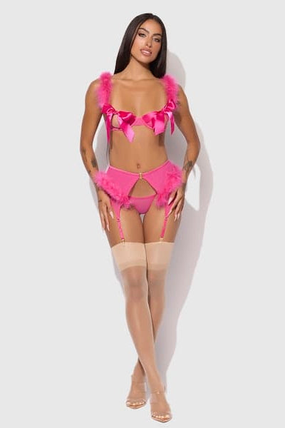Marilyn Marabou & Mesh Openable Bra, Garter, & G-String Set - Pink Dragon