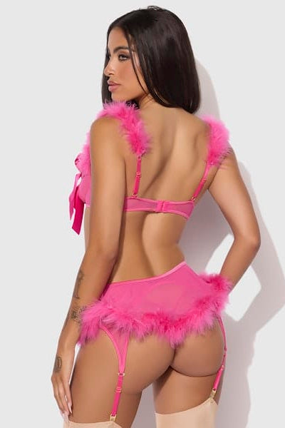 House of Desire Marilyn Marabou & Mesh Openable Bra, Garter, & G-String Set - Pink Dragon