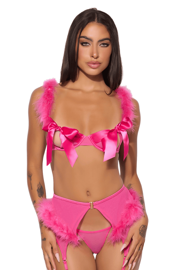 House of Desire Marilyn Marabou & Mesh Openable Bra, Garter, & G-String Set - Pink Dragon
