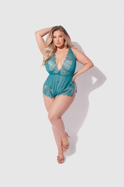 Mila Mesh & Eyelash Lace High Slit Romper Teddy - Teal