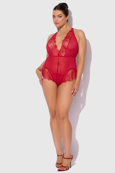 House of Desire Mila Mesh & Eyelash Lace High Slit Romper Teddy - Tango Red