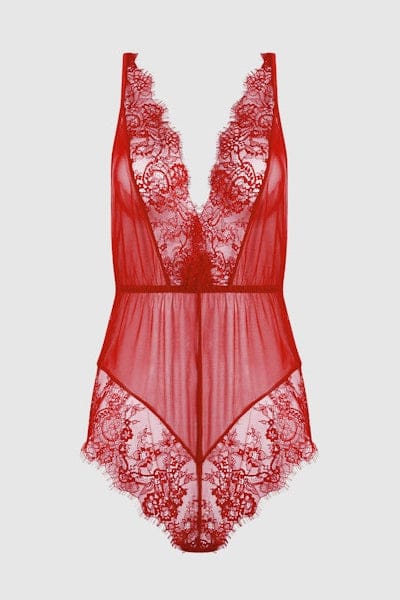 House of Desire Mila Mesh & Eyelash Lace High Slit Romper Teddy - Tango Red