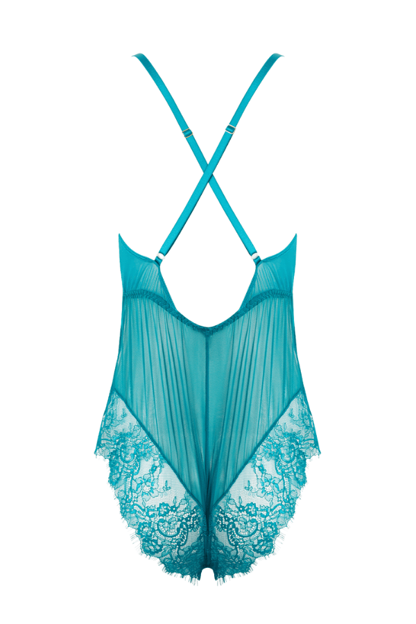 House of Desire Mila Mesh & Eyelash Lace High Slit Romper Teddy - Teal