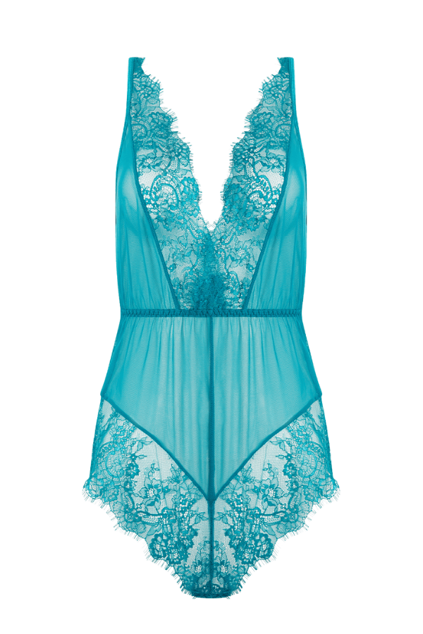 House of Desire Mila Mesh & Eyelash Lace High Slit Romper Teddy - Teal