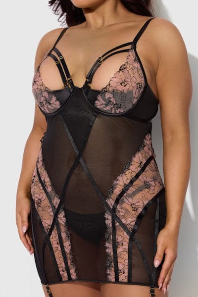 House of Desire Nova Blacklight Lace Chemise & Thong Set - Black