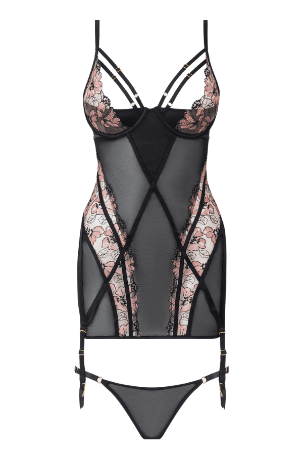 House of Desire Nova Blacklight Lace Chemise & Thong Set - Black