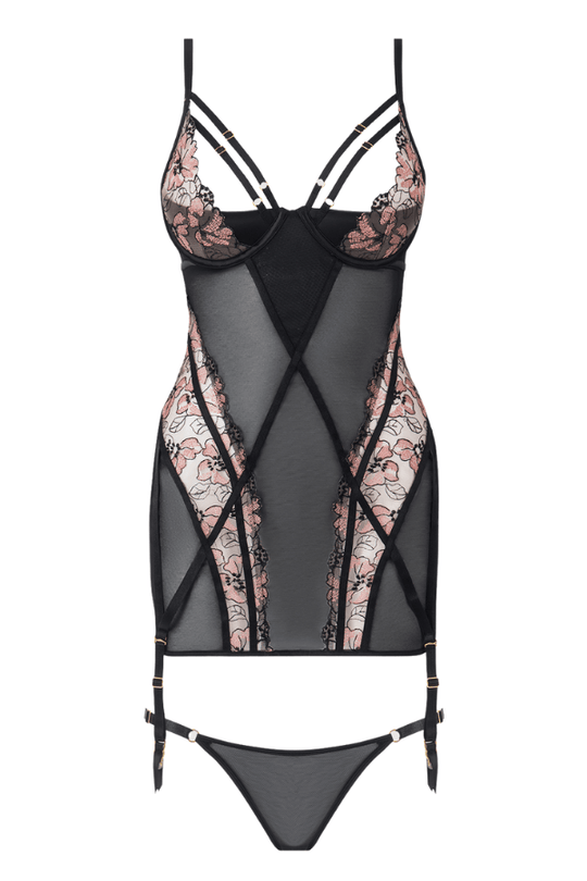Nova Blacklight Lace Chemise & Thong Set - Black