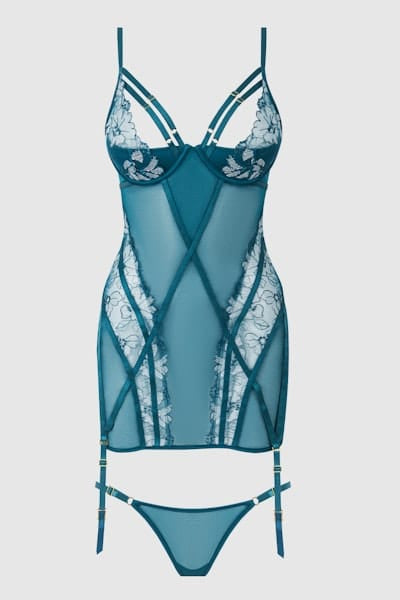 House of Desire Nova Blacklight Lace Chemise & Thong Set - Jaded Blue