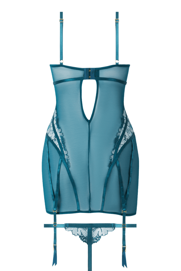 House of Desire Nova Blacklight Lace Chemise & Thong Set - Jaded Blue