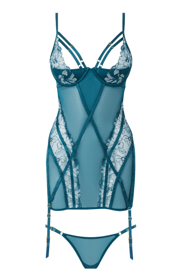 House of Desire Nova Blacklight Lace Chemise & Thong Set - Jaded Blue