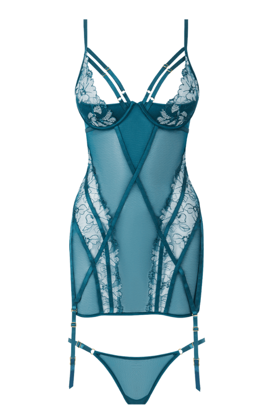 Nova Blacklight Lace Chemise & Thong Set - Jaded Blue