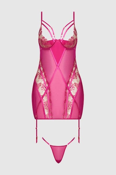 House of Desire Nova Blacklight Lace Chemise & Thong Set - Pink Dragon