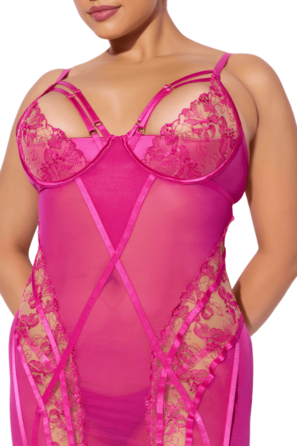 House of Desire Nova Blacklight Lace Chemise & Thong Set - Pink Dragon