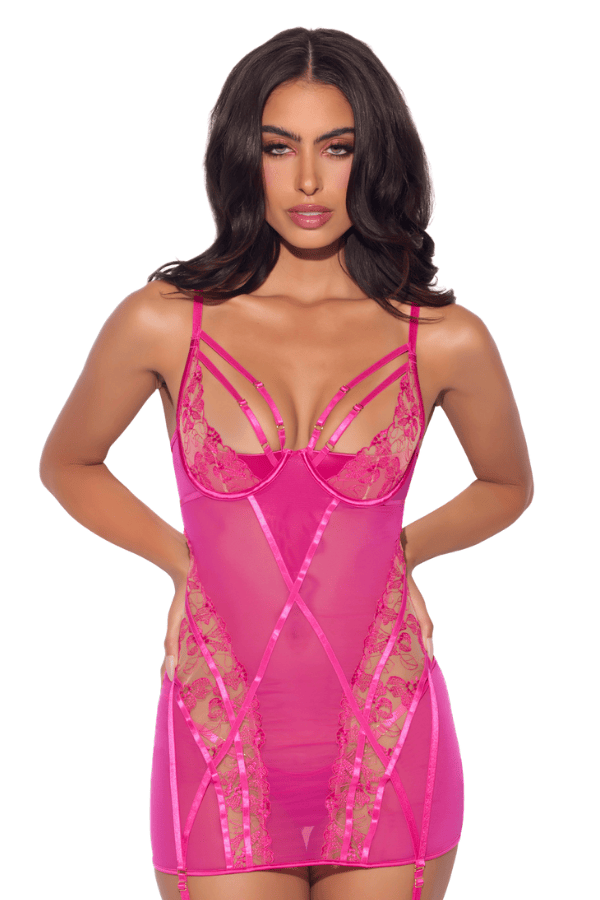 House of Desire Nova Blacklight Lace Chemise & Thong Set - Pink Dragon