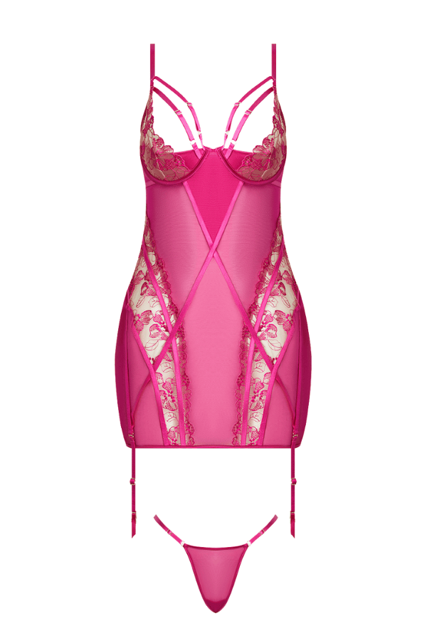 House of Desire Nova Blacklight Lace Chemise & Thong Set - Pink Dragon