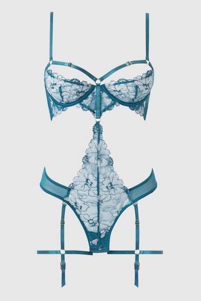 House of Desire Nova Blacklight Lace Teddy - Jaded Blue