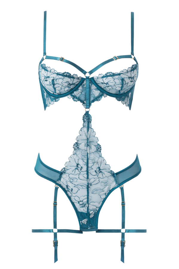 House of Desire Nova Blacklight Lace Teddy - Jaded Blue