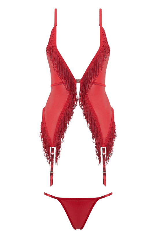 Phoenix Faux Leather & Fringe Chemise & G-String Set