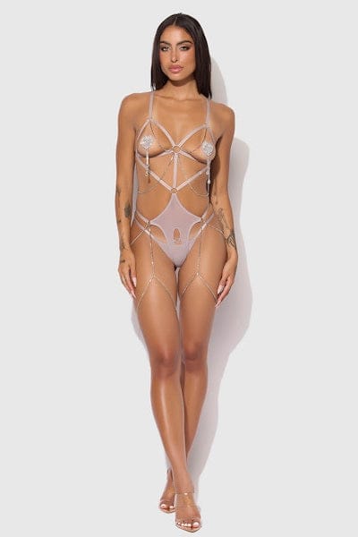 House of Desire Presley Shine Mesh Open Cup & Crotchless Rhinestone Teddy - Silver Grey