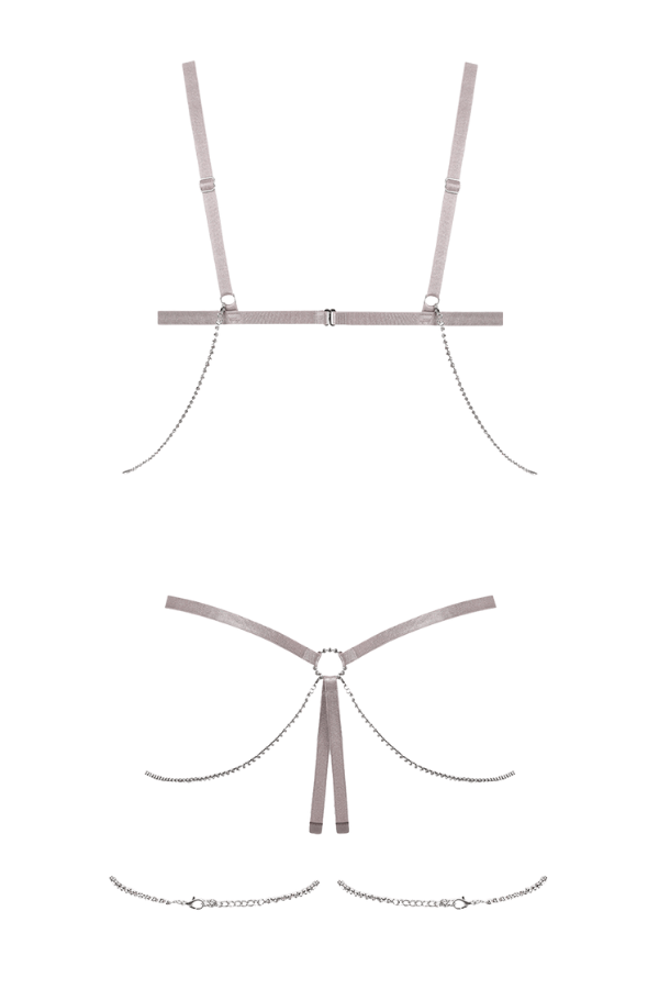 House of Desire Presley Shine Mesh Open Cup & Crotchless Rhinestone Teddy - Silver Grey