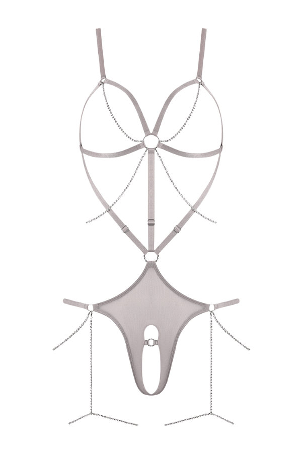 House of Desire Presley Shine Mesh Open Cup & Crotchless Rhinestone Teddy - Silver Grey