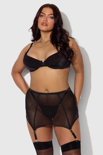 House of Desire Raquel Mesh & Silky Micro Bra, Garter Skirt & G-String Set - Black