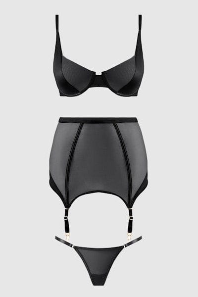 House of Desire Raquel Mesh & Silky Micro Bra, Garter Skirt & G-String Set - Black