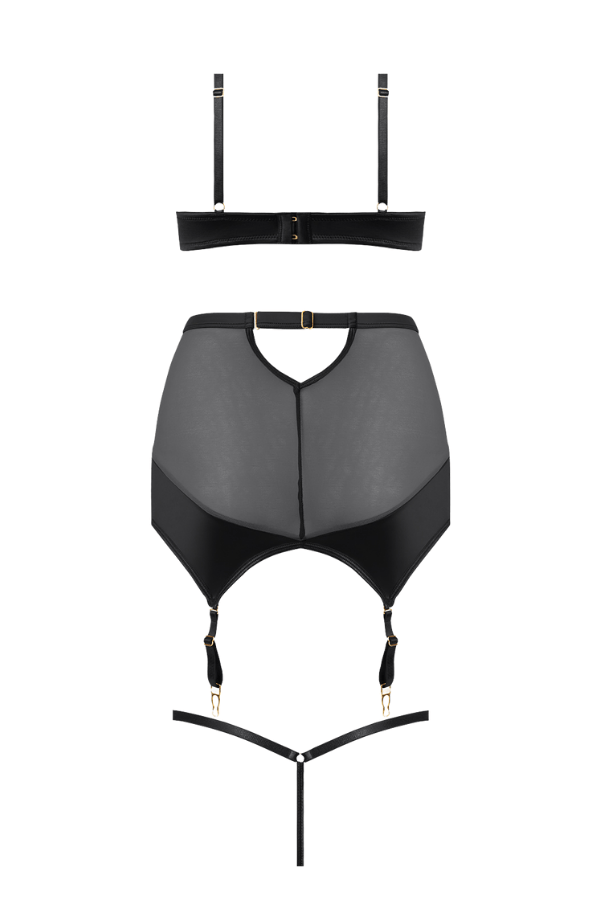 House of Desire Raquel Mesh & Silky Micro Bra, Garter Skirt & G-String Set - Black