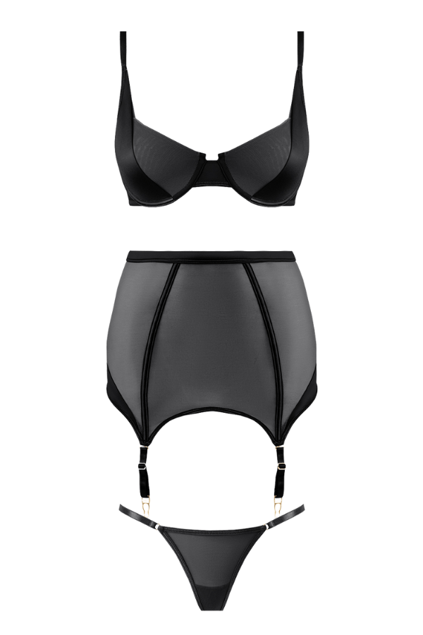 House of Desire Raquel Mesh & Silky Micro Bra, Garter Skirt & G-String Set - Black