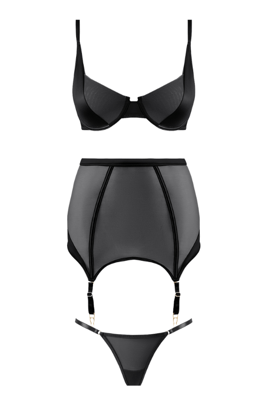 Raquel Mesh & Silky Micro Bra, Garter Skirt & G-String Set - Black