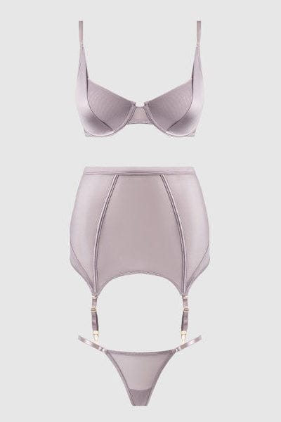 House of Desire Raquel Mesh & Silky Micro Bra, Garter Skirt & G-String Set - Dark Rose