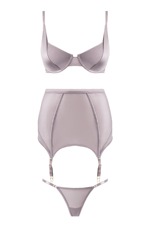 House of Desire Raquel Mesh & Silky Micro Bra, Garter Skirt & G-String Set - Dark Rose