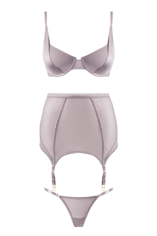 Raquel Mesh & Silky Micro Bra, Garter Skirt & G-String Set - Dark Rose