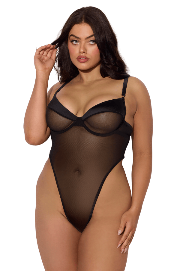 House of Desire Raquel Mesh & Silky Micro Underwire Bodysuit Black