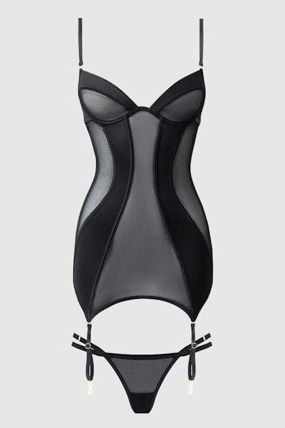 House of Desire Raquel Mesh & Silky Micro Underwire Chemise & G-String Set - Black