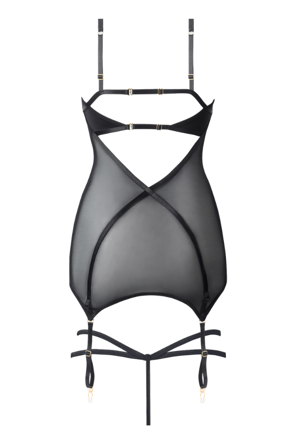 House of Desire Raquel Mesh & Silky Micro Underwire Chemise & G-String Set - Black