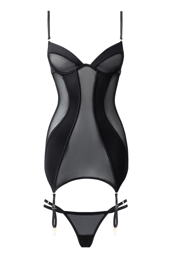 House of Desire Raquel Mesh & Silky Micro Underwire Chemise & G-String Set - Black