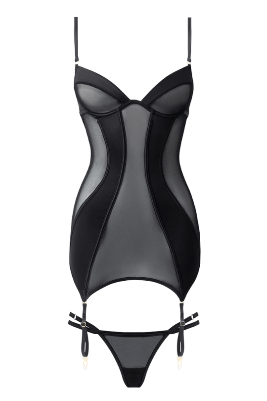 Raquel Mesh & Silky Micro Underwire Chemise & G-String Set - Black