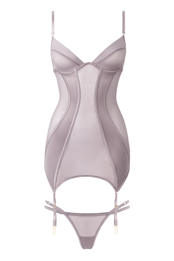 House of Desire Raquel Mesh & Silky Micro Underwire Chemise & G-String Set - Dark Rose