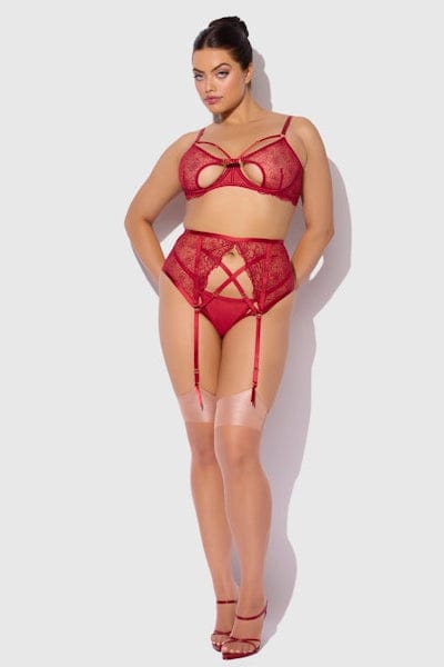 House of Desire Rosalie Embroidered Lace Open-Cup Bra, Garter & G-String Set - Crimson Red