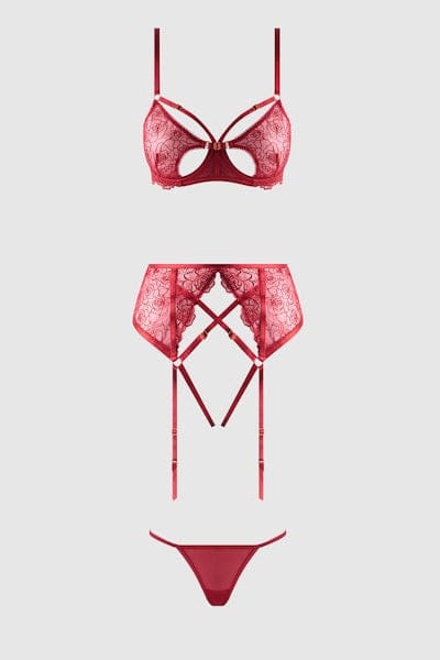 House of Desire Rosalie Embroidered Lace Open-Cup Bra, Garter & G-String Set - Crimson Red