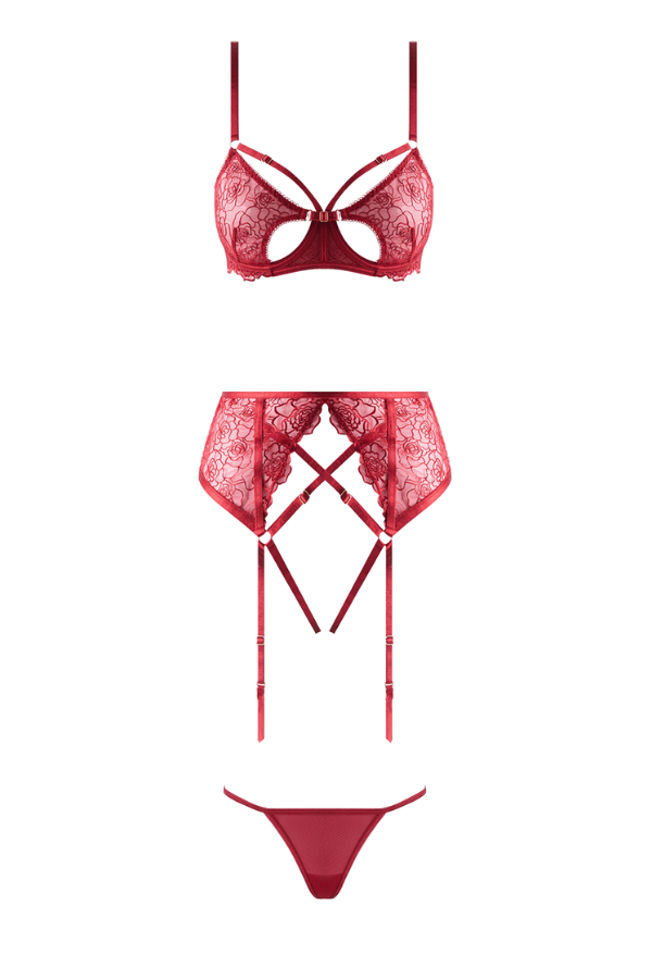 House of Desire Rosalie Embroidered Lace Open-Cup Bra, Garter & G-String Set - Crimson Red